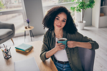 Poster - Photo of dreamy sweet lady executive dressed shirt enjoying hot beverage indoors workshop workplace workstation