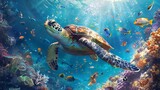 Fototapeta Do akwarium - A turtle may be seen swimming in a school beneath the surface of the water. Generative Ai