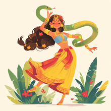 A Woman Is Dancing With A Snake. The Snake Is Green And Is Wrapped Around Her Waist. The Woman Is Wearing A Yellow Skirt And A Blue Top