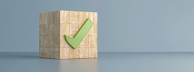 Wooden cube with green checkmark icon. Check mark, Check Mark Sign, Tick Icon, right sign,circle green checkmark button, Done. On blue background. Banner. Copy space