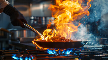 Wall Mural - Flames engulf the contents of a pan held by a chef over a gas stove.