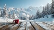 Snow-capped alpine peaks and snow-covered pine trees It creates a comfortable contrast with the refreshing winter scenery. The tranquility of a winter wonderland with a red coffee cup
