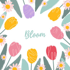 Canvas Print - Square colorful spring card with text Bloom in flat hand drawn style. Abstract pink, yellow, purple tulips and leaves with scribbles, rough edges for poster, banner, social media.