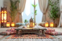Beautiful Arabian Interior Realistic Miniature. Background For Muslim Holy Month Ramadan Kareem