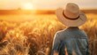 Farmer Wearing Hat in Wheat Field