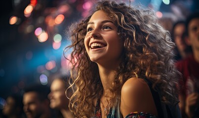 Wall Mural - Smiling Woman With Curly Hair at Concert