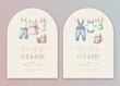 Cute arch baby shower watercolor invitation card for baby and kids new born celebration. Its a girl, Its a boy card with baby dress on rope.