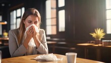 Woman Coughing Or Sneezing In Restaurant, Woman Sick From Work