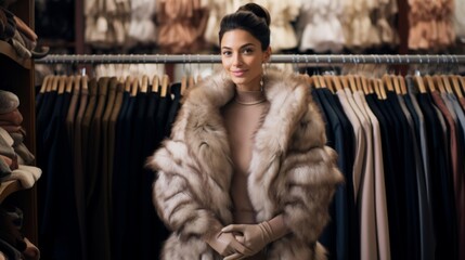 Poster - Chic fur designer with sumptuous creations high-end garments in background