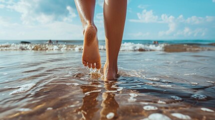 Wall Mural - Woman Walking Barefoot on Sandy Beach