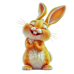 Wall Mural - The playful and funny Easter bunny stands on its hind legs and laughs sincerely against the background of rainbow Easter eggs. Transparent isolated background.