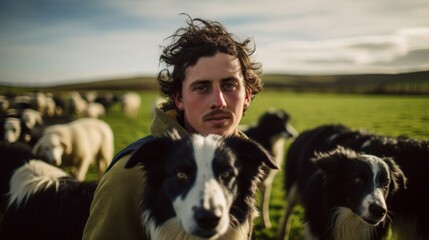 Wall Mural - Trainer with Border Collie in rural herding session sheep and farmland view