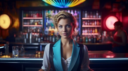 Sticker - Female barman in urban speakeasy shakes colorful cocktail neon lights around