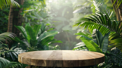  Wooden podium in tropical forest for product presentation and green background