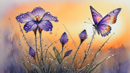 Aufkleber - delicate violet flowers in drops of dew and butterflies against the background of sunrise