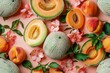 Fresh Summer Melons and Apricots with Blossoms on a Pastel Pink Background - Healthy Fruit Composition
