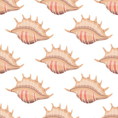 Wall Mural - Sea shells vector seamless pattern, mollusks. Flat illustration of seashell.