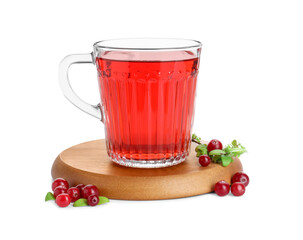 Wall Mural - Cup of delicious cranberry tea and berries isolated on white