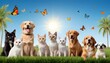 © HC Designer - National pet day theme along with cute animals including dogs cats parrots and other birds along with grass trees blue sky sun butterflies