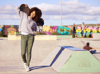 Wall Mural - Skatepark, fashion and portrait of black woman with skateboard in city for skating, training and hobby. Skater, happiness and face of female person for trendy, edgy and hipster clothing in town