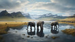 Elephants in lake with mountains landscape
