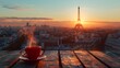 The Paris Eiffel Tower stands tall with its timeless architecture. The background was lit by the soft light of dawn. The morning scene captures the unique charm of Paris with a red coffee cup.