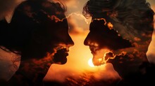 Profiles Of Romantic Couple Looking At Each Other On Background Of Sunset