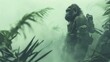 Guardian Gorilla in Defender's Gear, watching over with a misty rainforest silhouette background.