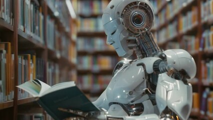 Wall Mural - ai robot reading book in library