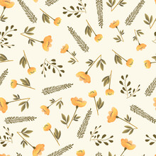 Trendy Wild Meadow Florals In Yellow Green Colors. Flower Illustration Fashion Seamless Pattern. Vector Design For Fabric, Textile, Wallpaper, Cover, Web , Wrapping And Prints. Spring Summer Season
