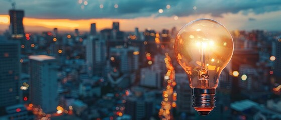 A light bulb stands glowing against a futuristic cityscape