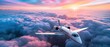A private jet soars high above the clouds against a beautiful sunset