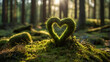 Forest love background - Wooden mossy herat on moss in the woods, illuminated by the sun