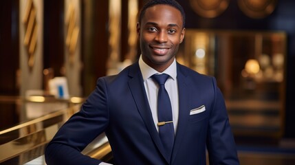 Poster - Professional concierge at hotel desk tailored suit ready for guest inquiries