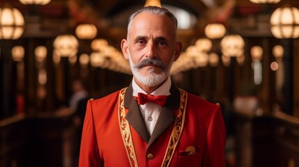 Canvas Print - Vintage cinema usher in grand lobby red and gold uniform ornate chandeliers elegance