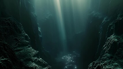 an eerie and dark underwater scene with a deep valley appearing to swallow up the seabed. this is a 