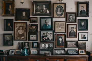 a variety of framed family photos hang in an abstract collage on a wall, portraying shared history a