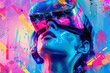 woman with VR headset surrounded by vibrant abstract shapes