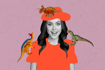 Sticker - Creative collage picture young beautiful lady painted outfit stylish hat jurrassic park dinosaur ancient wildlife drwaing background