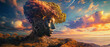 Sunset over tranquil ocean with mystical tree-headed woman silhouette. Generative AI