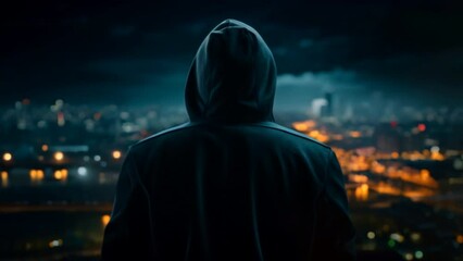 Wall Mural - Back of hacker wearing hoodie against big city background, computer virus, electronic theft