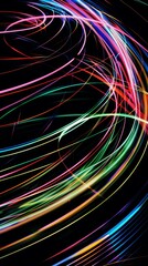 Wall Mural - colored wave radial motion lines on black background with lines copy space, colorful abstract wave v