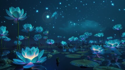 Illustration of a beautiful blooming lotus flower illuminated by starlight and moonlight.