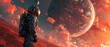 An explorer in a spacesuit stands against the surface of an unknown planet, gazing at large planets and stars. The red terrain and dramatic sky create an ambiance of adventure and discovery 