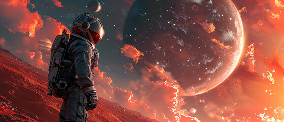 Wall Mural - An explorer in a spacesuit stands against the surface of an unknown planet, gazing at large planets and stars. The red terrain and dramatic sky create an ambiance of adventure and discovery 