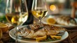 Idea for a double dinner. Baked fish with two glasses of white wine. Generative Ai
