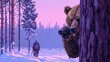 A man traveling in a snowy forest meeting a bear