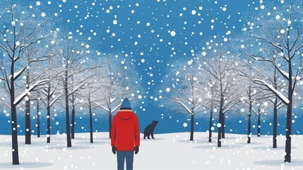 Wall Mural - A man traveling in a snowy forest meeting a bear