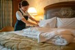 A hotel maid carefully placing towels on the bed, capturing the attention to detail and tidiness involved in hotel room service