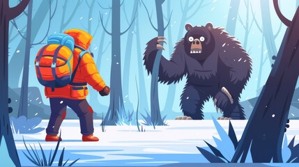 Wall Mural - A man traveling in a snowy forest meeting a bear